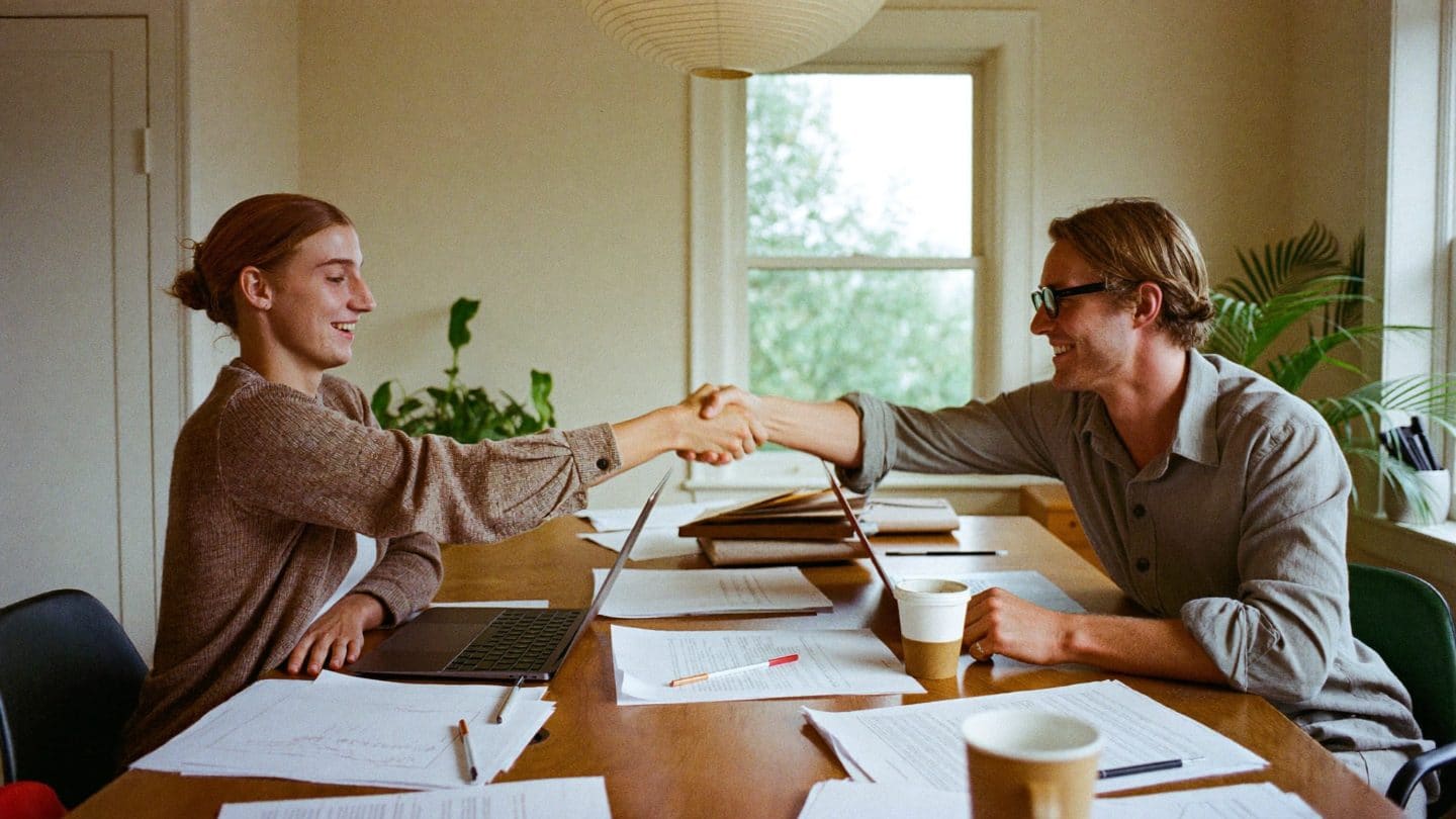 Two people shaking hands across a table